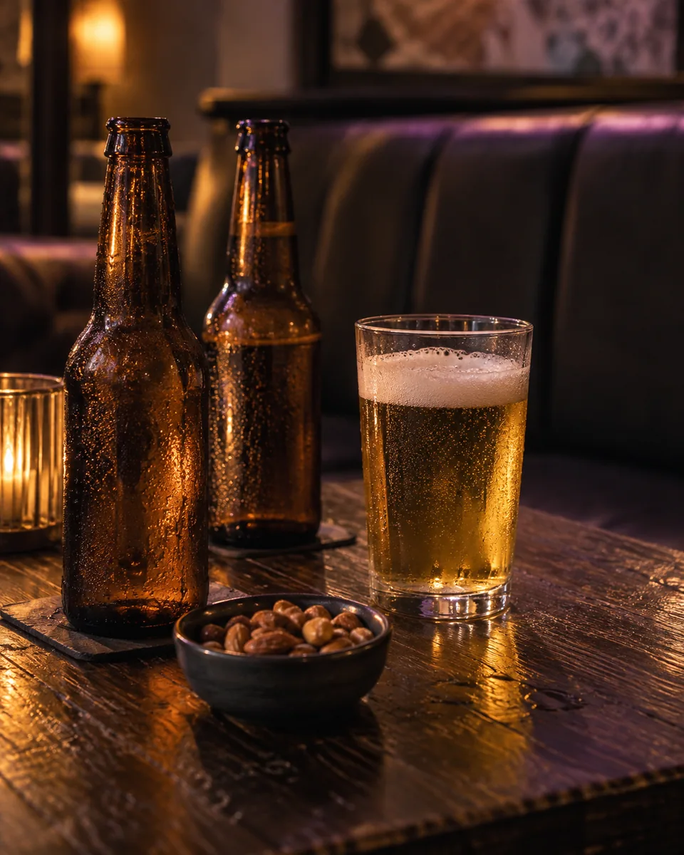 木桌上嘅啤酒、酒杯與小食