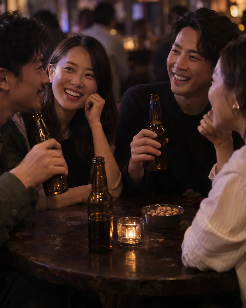 朋友圍坐分享啤酒嘅氣氛影像
